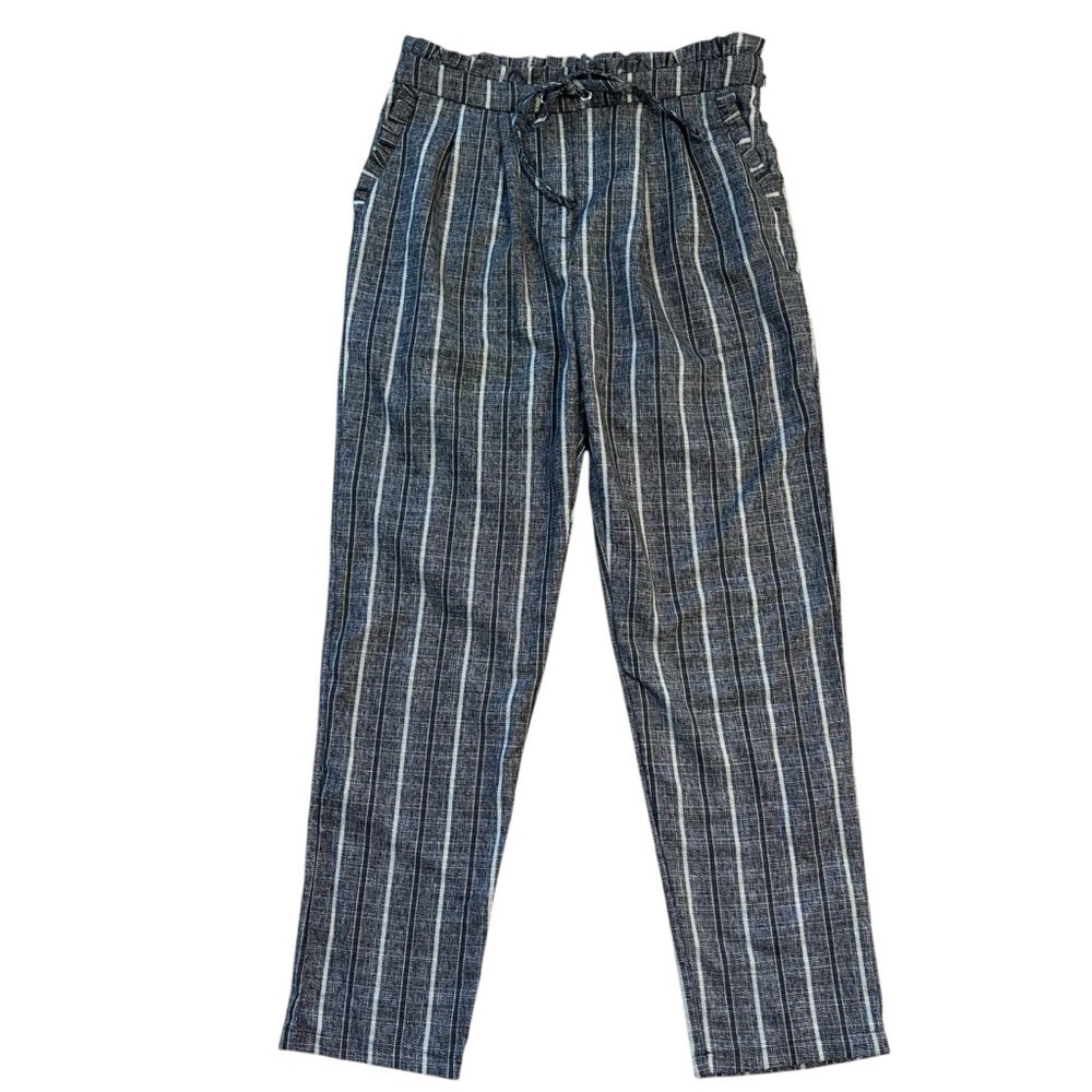 Storia Paperbag Waist Striped Trouser Pants Ruffle Trim Cotton Size Small Office